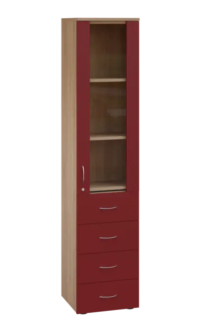 LE - 44 skříň léková prosklená, pravá, korpus dub bardolino, dvířka burgundská